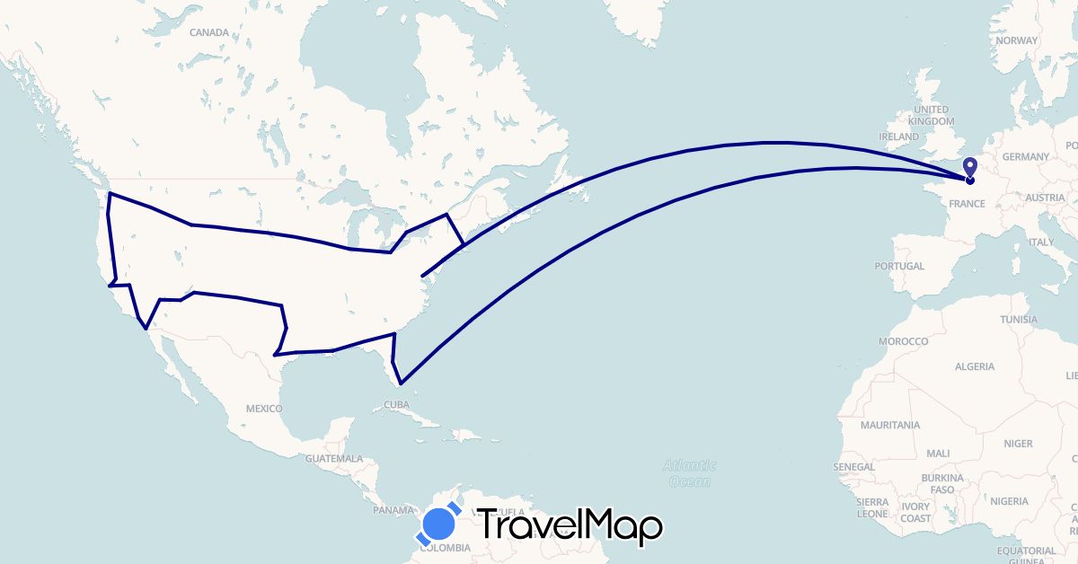 TravelMap itinerary: driving in Canada, France, United States (Europe, North America)